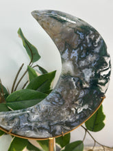 Load image into Gallery viewer, Moss Agate Moon On Stand #155
