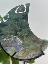 Load image into Gallery viewer, Moss Agate Moon On Stand #160B
