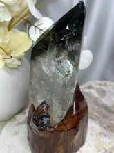 Load image into Gallery viewer, XXXL Garden Quartz Half Polished Raw Point On Wooden Stand

