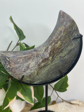 Load image into Gallery viewer, Pink/Moss Agate Moon On Stand #160A

