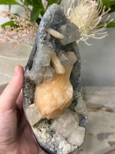 Load image into Gallery viewer, Sky Blue Chalcedony~Peachy Stillbite~Glass Apophyllite Cluster #414
