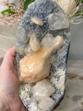 Load image into Gallery viewer, Sky Blue Chalcedony~Peachy Stillbite~Glass Apophyllite Cluster #414
