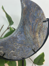 Load image into Gallery viewer, Purple/Blue Moss Agate Moon On Stand #160C
