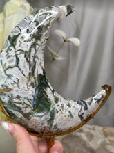 Load image into Gallery viewer, XL Moss Agate Moon On Stand #135
