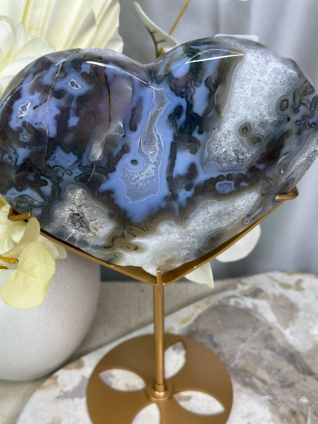 XXL Moss Agate Heart On Stand #222