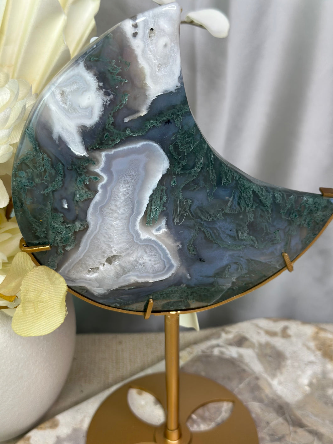 XXL Moss Agate Moon On Stand #275