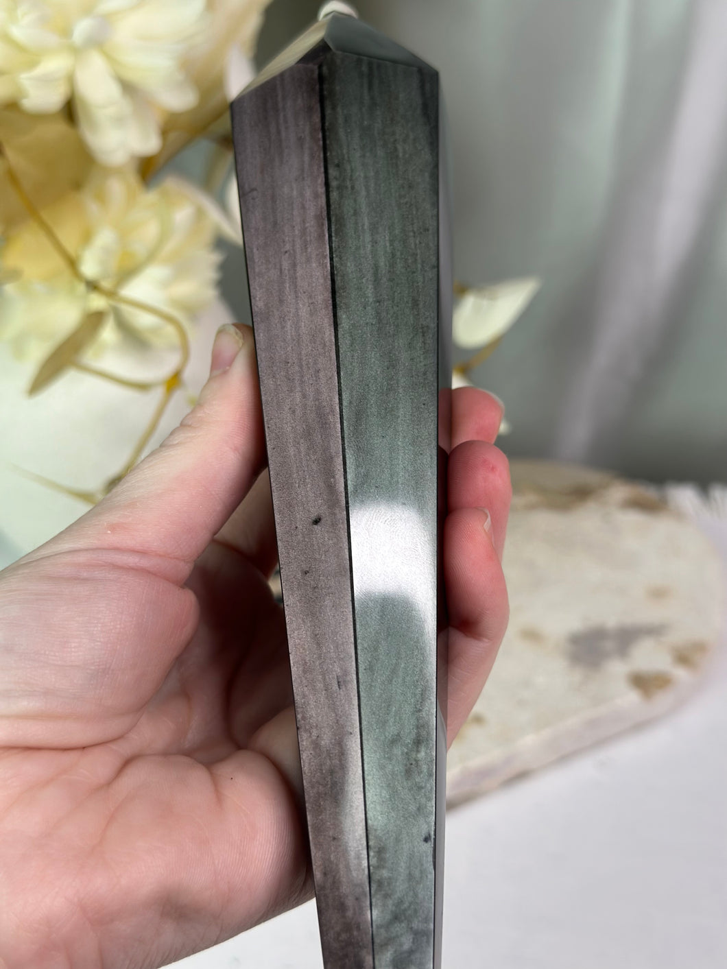 Silver Sheen Obsidian Wand On Stand #88B