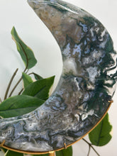 Load image into Gallery viewer, Moss Agate Moon On Stand #155
