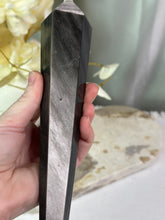 Load image into Gallery viewer, Silver Sheen Obsidian Wand On Stand #88A
