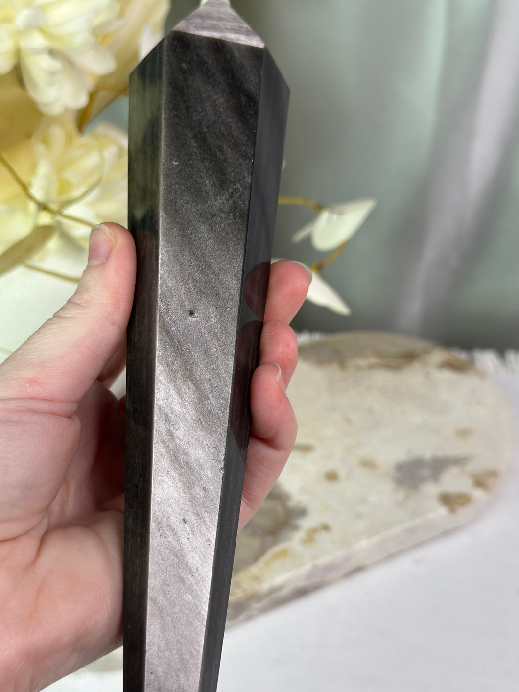 Silver Sheen Obsidian Wand On Stand #88A