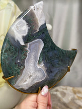 Load image into Gallery viewer, XXL Moss Agate Moon On Stand #275
