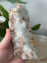 Load image into Gallery viewer, Hollow Red/Clear Apophyllite~Red Hematite~Peach Stillbite~Chalcedony Cluster #240
