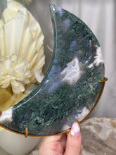 Load image into Gallery viewer, XXL Moss Agate Moon On Stand #215
