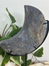 Load image into Gallery viewer, Purple/Blue Moss Agate Moon On Stand #160C
