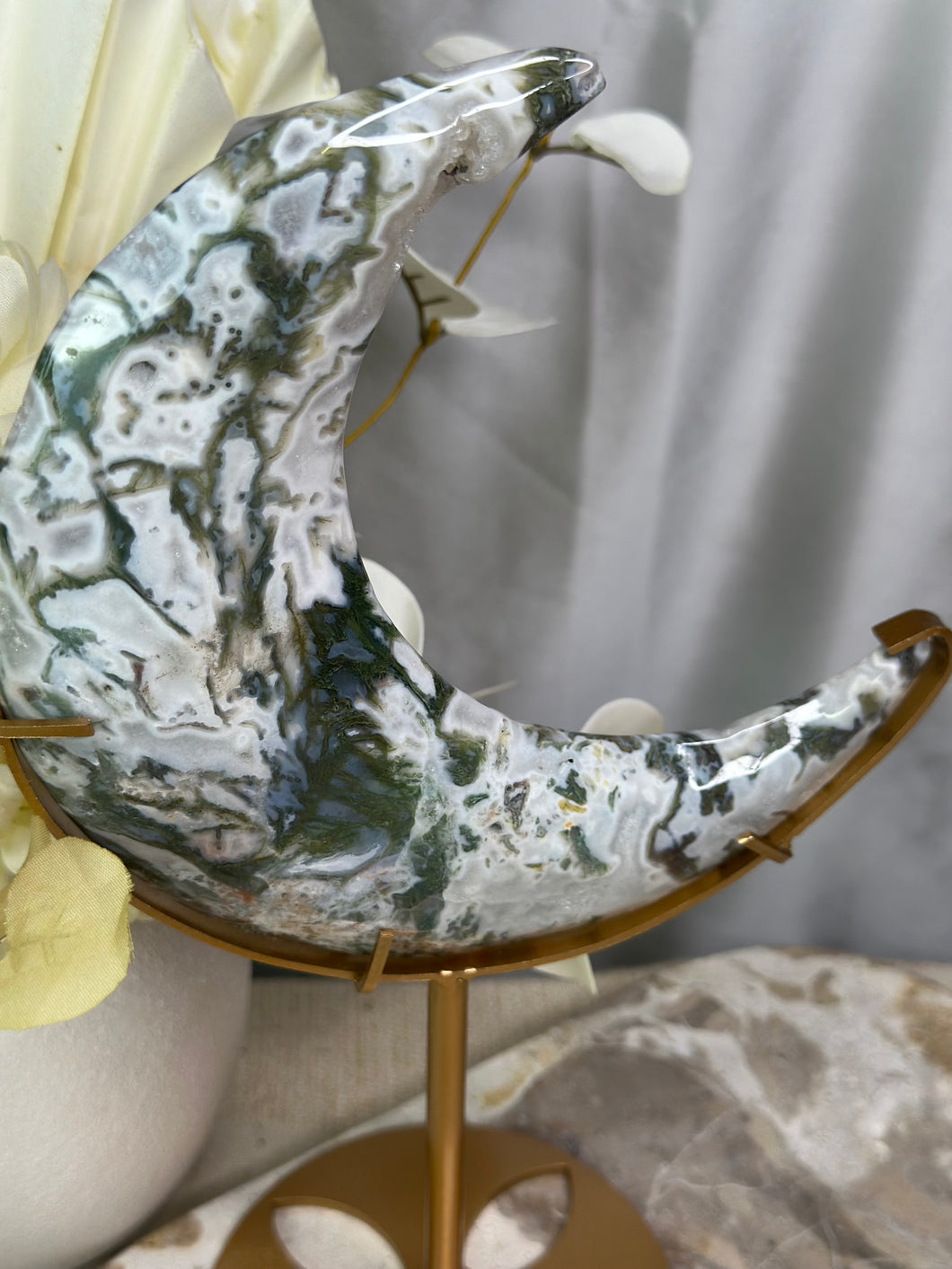 XL Moss Agate Moon On Stand #135