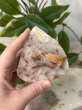 Load image into Gallery viewer, Hollow Red/Clear Apophyllite~Red Hematite~Peach Stillbite~Chalcedony Cluster #102A
