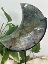 Load image into Gallery viewer, Moss Agate Moon On Stand #160B
