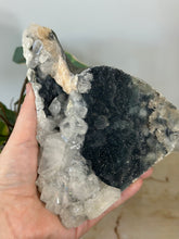 Load image into Gallery viewer, Blue~Black Chalcedony With Glass Apophyllite Cluster &amp; Peach Stillbite #390
