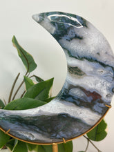 Load image into Gallery viewer, Moss Agate Moon On Stand #195A
