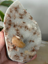 Load image into Gallery viewer, Hollow Red/Clear Apophyllite~Red Hematite~Peach Stillbite~Chalcedony Cluster #280
