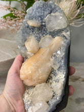 Load image into Gallery viewer, Sky Blue Chalcedony~Peachy Stillbite~Glass Apophyllite Cluster #414
