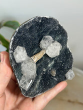 Load image into Gallery viewer, Blue~Black Chalcedony With Glass Apophyllite &amp; Peach Stillbite Cluster #208
