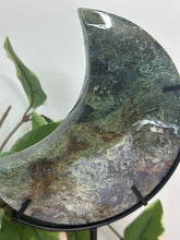 Load image into Gallery viewer, Moss Agate Moon On Stand #160B
