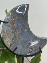 Load image into Gallery viewer, Purple/Blue Moss Agate Moon On Stand #160C
