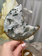 Load image into Gallery viewer, LRG Moss Agate Moon On Stand #95
