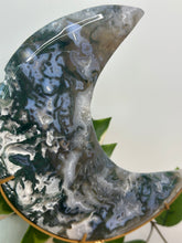 Load image into Gallery viewer, Moss Agate Moon On Stand #155
