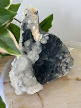 Load image into Gallery viewer, Blue~Black Chalcedony With Glass Apophyllite Cluster &amp; Peach Stillbite #390
